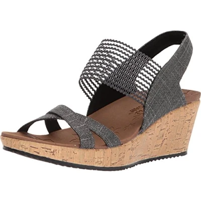 Image of Skechers Women&#039;s Beverlee High Tea Sandal,Black Sparkle Linen Gore Trim,6.5 UK