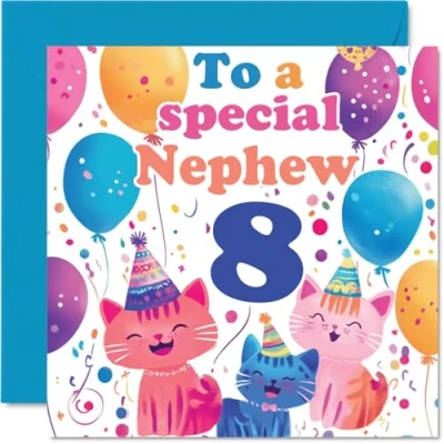 Image of 8th Nephew Birthday Card Cute Cats Special Happy for from Auntie Uncle, 145mm x Age 8 Eight Greeting Cards