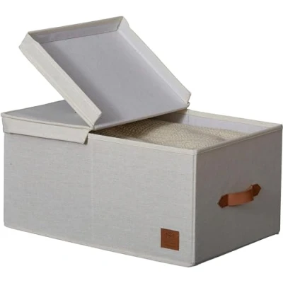 Image of LOVE IT STORE Premium Storage Box with Lid Made of Linen Cotton Fabric Reinforced Wood Large and Stable Beige 50 x 33 24 cm