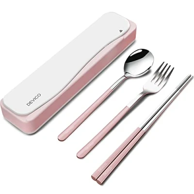 Image of DEVICO Travel Cutlery Set, Camping Set for 1, Portable 18/8 Stainless Steel Utensils Include Fork Spoon Chopsticks (Pink)
