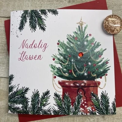 Image of White Cotton Cards CHRISTMAS TREE WELSH CARD, HAND FINISHED (W C23 8)
