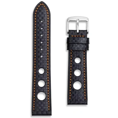 Image of Carbon Fibre Pattern Rally Watch Strap Perforated Racing Band 18mm Black with Orange Stitching Tool and Spring Bars Included (18mm, Stitching)