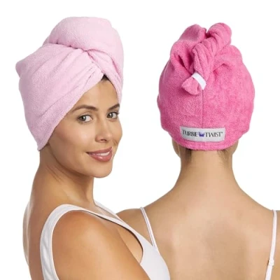 Image of Turbie Twist Microfiber Hair Towel Wrap for Women and Men 2 Pack Bathroom Essential Accessories Quick Dry Turban Drying Curly, Long &amp; Thick (Dark Pink, Light Pink)