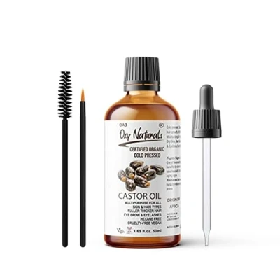 Image of Oxy Naturals 100% Pure Castor Oil for Hair, Skin, Nails, Eyebrows &amp; Eyelashes Natural Growth Serum Beard, Eyebrow Dry Hair Care Men Women Glass Dropper with Applicators