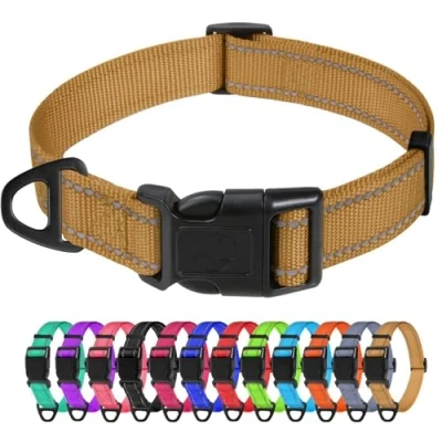 Image of TagMe Reflective Nylon Dog Collars, Adjustable Classic Collar with Quick Release Buckle for Medium Dogs, Khaki, 2.5 cm Width