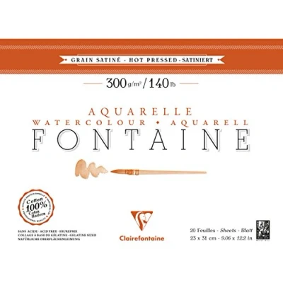 Image of Clairefontaine Ref 96344C Fontaine Hot Pressed Watercolour Glued Pad (20 Sheets) 23 x 31cm Size, 300gsm Paper Suitable for Artwork