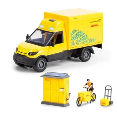 Image of Dickie Toys DHL Delivery Set (25 cm) Parcel Playset for Children from 3 Years, Postbus with Postman, Station &amp; Cargo Bike, Car Light Sound, Includes Batteries