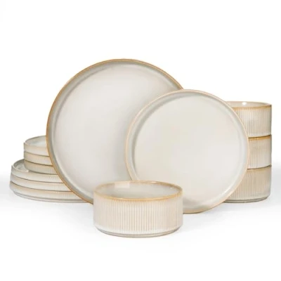 Image of Richmount Star Plates and Bowls Set, 12 Pieces Dinner Set for 4, Stoneware Dinnerware Sets with Plates/Salad Plates/Cereal Bowls, Dishwasher &amp; Microwave Safe, CappuccinoWhite
