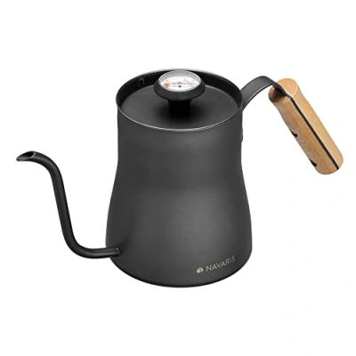 Image of Navaris 1 Litre Gooseneck Kettle Stainless Steel Coffee with Pour Over Spout for Stove Top Hobs Thermometer