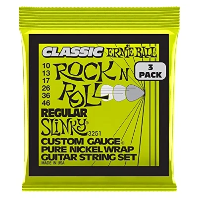 Image of Ernie Ball Regular Slinky Classic Rock n Roll Pure Nickel Electric Guitar Strings 3 Pack 10 46 Gauge