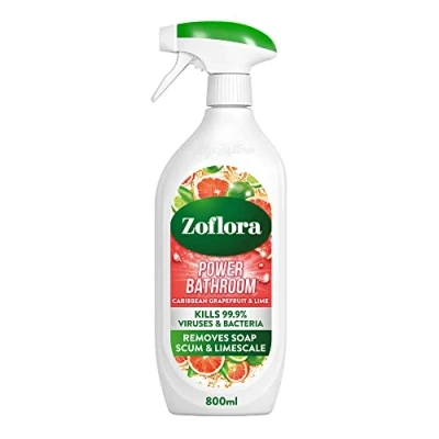 Image of Zoflora Caribbean Grapefruit &amp; Lime Power Bathroom Cleaner, 1 x 800ml, Removes Soap Scum Limescale, Antibacterial Multi Surface Spray, Kills 99.9% of Bacteria Viruses
