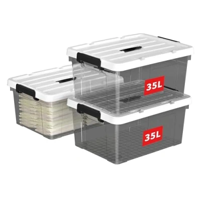 Image of Cetomo 35L*3 Storage Boxes, Carry Plastic Box with Lids, Organizing Container Handle and Secure Latching Buckles, Stackable, Nestable, Tote Bin for Home Clothes, 35L 3Pack, Clear Black