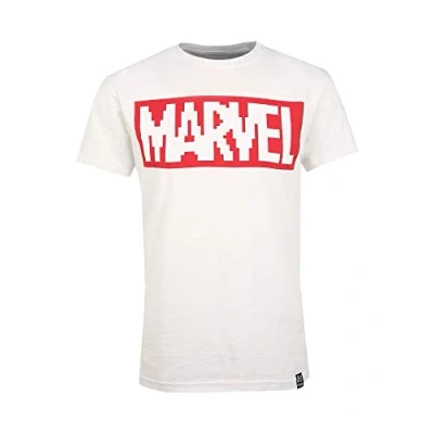 Image of Recovered Marvel T Shirt Pixel Logo Ecru White, Size: XL Officially Licensed Vintage Style, Mens/Unisex Comic Book &amp; Superhero Fans