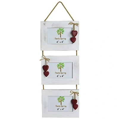 Image of Red 6&quot; x 4&quot; White Hanging Triple Photo Frame with Hearts By Nicola Spring