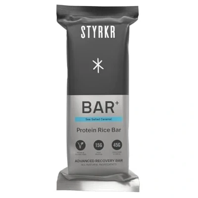 Image of High Protein Energy Bars by Styrkr 15g of &amp; 45g Carbs Pack 12 Rice Sea Salted Caramel Flavour Approved Endurance Athletes for Cycling Running BAR+ 12x
