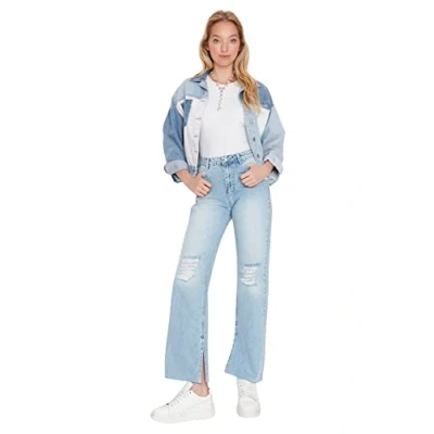 Image of Trendyol Women Young High Waist Straight Leg Wide Jeans Light Blue