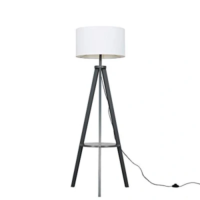 Image of MiniSun Modern Grey Wood Tripod Design Floor Lamp with Storage Shelf &amp; White Drum Shade Complete a 6w LED Bulb [3000K Warm White]
