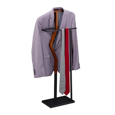 Image of Relaxdays Valet Stand, Suit Holder, Clother Butler, Wardrobe Hanger, Wood, Metal, HxWxD 106.5x45.5x20 cm, Brown/Black, Steel, Fibreboard, 106.5 x 45.5 20 cm