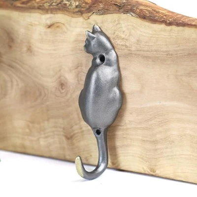 Image of Fyne Finds Brown Cast Iron Hook Rustic Vintage Cat Tail Leads Coat Keys Clothes Towel Wall Mounted Hanger