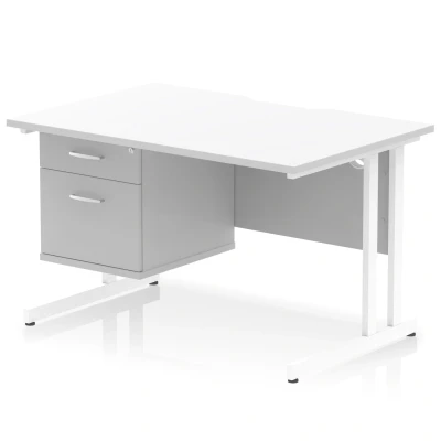 Image of Impulse 1200 x 800mm Scalloped Edge Straight Office Desk White Top Cantilever Leg Workstation 1 2 Drawer Fixed Pedestal