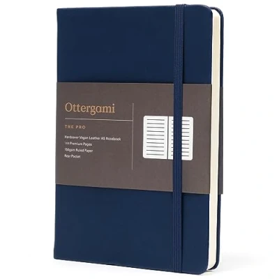 Image of Ottergami A5 Notebook Hardback The Pro Lined Journal 144 Pages, Thick 150gsm Paper Note Book Luxury Vegan Leather Journals for Women &amp; Men Work University Essentials (Blue)