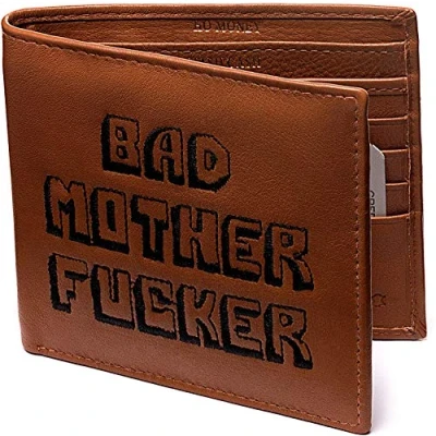 Image of Bad Mother Fucker Embroidered, Real Leather, Tan, Free CC Wallet