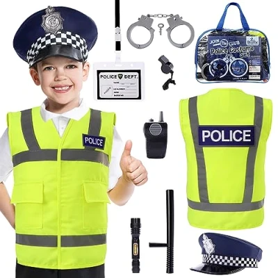 Image of Cheerful Children Toys Kids Police Costume 10 Pcs Officer Outfit Dress Up Ideal for Boys &amp; Girls Aged 3 7 Include Vest Hat Fancy Roleplay, Halloween, STEM Learning