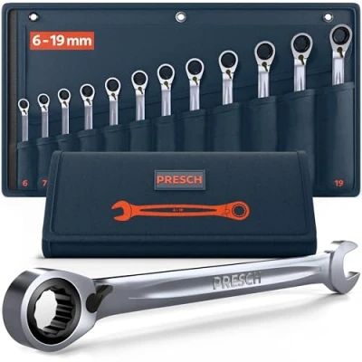Image of PRESCH Ratchet Spanner Set Reversible 12 pcs. (6 19mm) incl. Bag Minimal Return Angle (up to 4, 90 Teeth) Precision Milled, Durable Ring spanners Metric Wrench