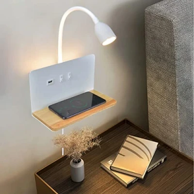 Image of SENFAY LED Indoor Wall Light, Bedroom Lamp with USB Charging Port and 10W Wireless Charger, Dimmable Flexible Gooseneck Reading Bedside Light Switch,3000K Background