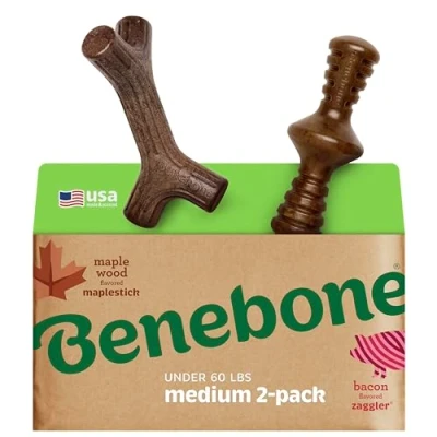 Image of Benebone 2 Pack Indestructible Maplestick/Zaggler For Aggressive Chewers, Long Lasting Tough Boredom Breaker Dogs, Real Bacon and Maple Wood Flavour, Medium Made in the USA.