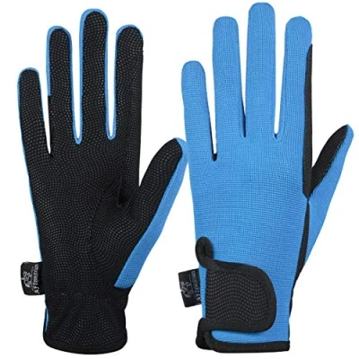 Image of AFE Ladies Horse Riding Gloves Track Fabric Synthetic Leather Equestrian Black Stretch (Blue, Medium)