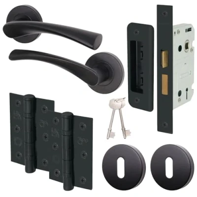 Image of EAI Black Key Lock Door Handle Set Round Internal Handles, Sash (80mm), Hinges (76mm) &amp; 2 Escutcheons Matt Novoli Range