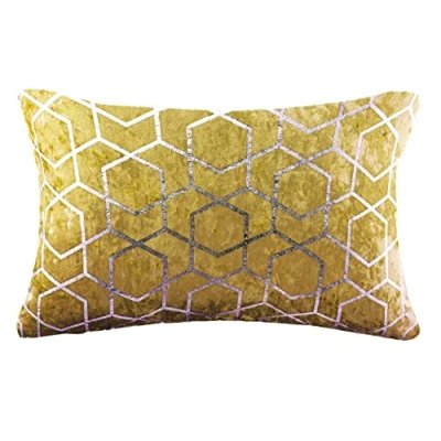 Image of Red Rainbow Geometric Metallic Hexagon Luxury Crushed Velvet Cushion Cover (Gold, 12&quot; x 18&quot;)