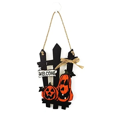 Image of Alnicov Happy Halloween Scary Pumpkin Welcome Wreath Sign for Fall Front Door Decor Wood Hanging Outdoor Decorations Photo Prop(Square)
