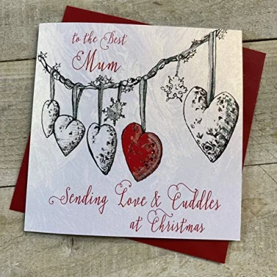Image of Best Mum Handmade Christmas Card Hanging Hearts by White Cotton Cards C20 29