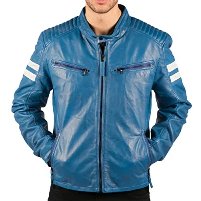 Image of TruClothing Men&#039;s Biker Jacket Outwear Windproof Winter Motorcycle Rider Quilted Real Leather Jackets Coat Blue 3XL
