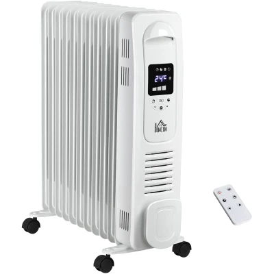 Image of HOMCOM 2500W Digital Display Oil Filled Radiator, 11 Fin Portable Electric Heater with Timer, Adjustable Thermostat, Three Heat Settings, Safety Cut Off, Remote, White