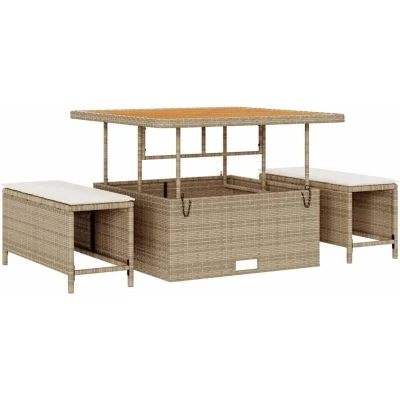 Image of vidaXL 3 Piece Garden Dining Set with Cushions Beige Poly Rattan Acacia