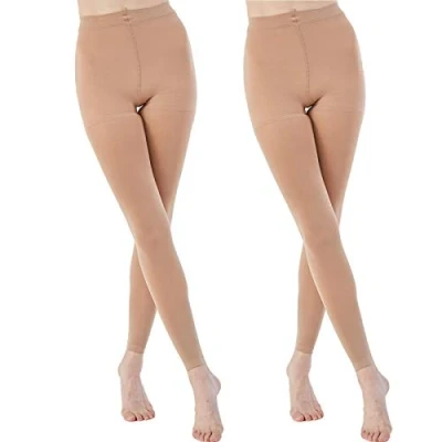 Image of MANZI 2 Pairs 70 Denier Women&#039;s Footless Tights Stretch Run Resistant Opaque Control Top Tights(2 Suntan,L)
