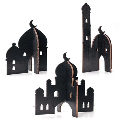 Image of Papierdrachen 3 Different Wooden Mosques for Inserting Ramadan Decoration Easy Assembly Table Eid Mubarak Black Reusable
