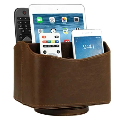 Image of HofferRuffer Spinning Remote Control Holder, Caddy, Organizer, PU Leather (Classic Brown)