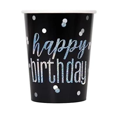 Image of Unique 82246 Paper Cups 266 ml Glitz Foil Black &amp; Silver Pack of 8, Happy Birthday