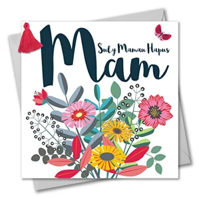 Image of Claire Giles Tassel Embellished Welsh Language Mother&#039;s Day Greeting Card, Mum, Bouquet, Happy Day, Sul y Mamau Hapus, Mam
