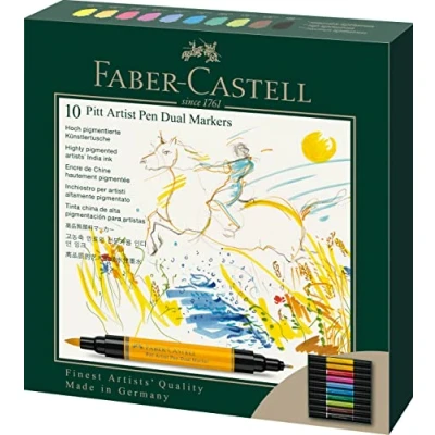Image of Faber Castell Art &amp; Graphic Pitt Artist Pen Dual Marker India Ink, Multicoloured, Wallet Of 10, For Art, Craft, Drawing, Sketching, Home, School, University, Colouring