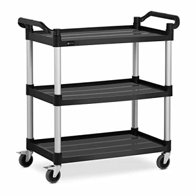 Image of Royal Catering Stainless Steel Serving Cart Trolley, 3 Shelves, 90kg, Black (360 rotatable, Thermoplastic rubber brakes)