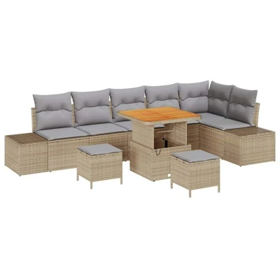 Image of vidaXL 9 Piece Garden Sofa Set with Cushions Beige Poly Rattan Acacia