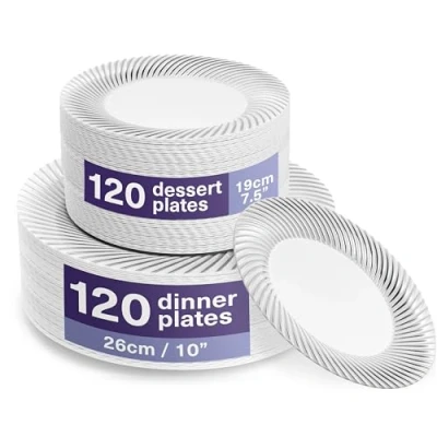 Image of MATANA 240 Premium White Plastic Plates with Silver Rim 120 25cm Dinner Plates, 18cm Dessert Elegant &amp; Reusable Party for Weddings, Birthdays, BBQ, Christmas, Parties