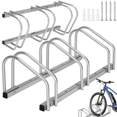 Image of tectake® Bike Stand Made of Robust, Coated Steel, Space Saving &amp; Stable Construction, Drill Holes for Floor or Wall Mounting Expandable Rack Indoor Outdoor Storage 3 Slots