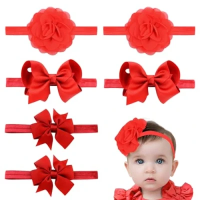 Image of EUPSIIU 6 Pieces Red Baby Kids Girls Bowknot Headband Toddler Elastic Hair Band for Newborn Girl Infant Photography Props Accessories Fancy Dress Birthday School Wedding (Red)