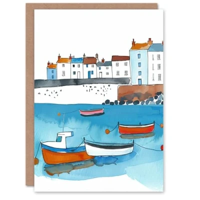 Image of Artery8 Greeting Card St Ives Bay Boats Coastal Cityscape Watercolour Blank For Him Or Her Art Birthday